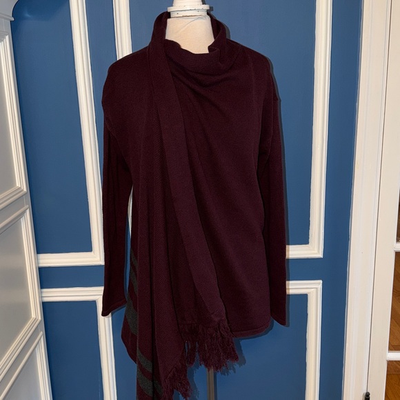 CAbi Port Fringe Wrap Cardigan Sweater Burgundy Gray - Size S - Picture 4 of 10